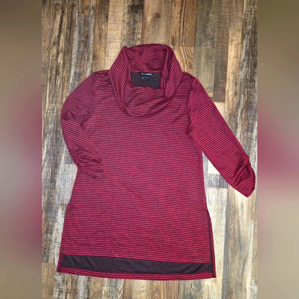 I.N. Studio Red and Black Striped Cowl Neck Sweater